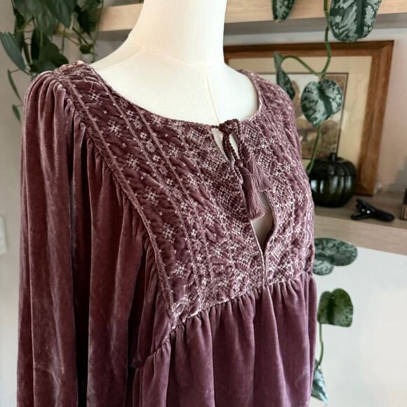 Lucky Brand Rose Taupe Velvet Long Sleeve Embroidered Top Women M Boho Peasant - Picture 5 of 7